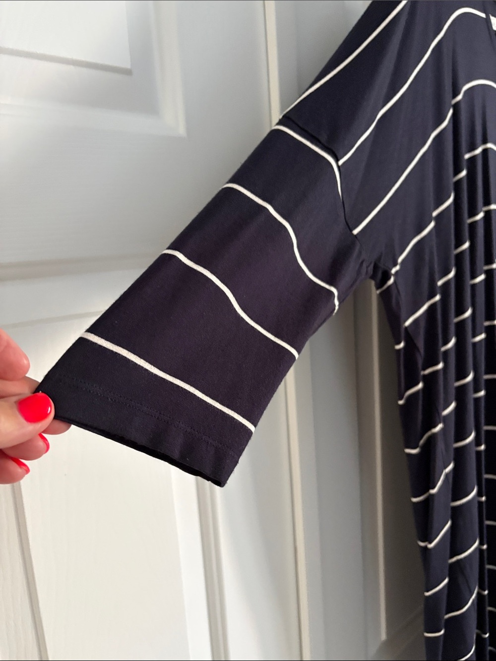Navy Blue and White Striped V-Neck Midi Dress by Masai - Picture 4 of 4